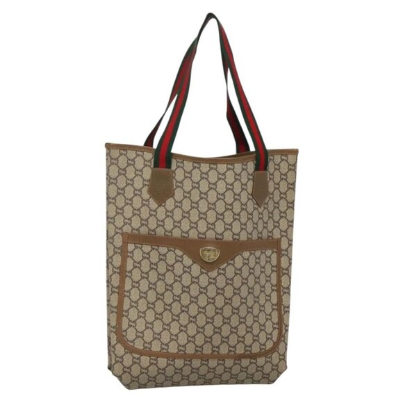 GUCCI GG Plus Supreme Web Sherry Line Tote Bag PVC Beige Red Green Auth ep9518 - Picture 1 of 16